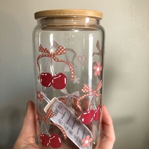Cherry Print Glass Jar with Bamboo Lid